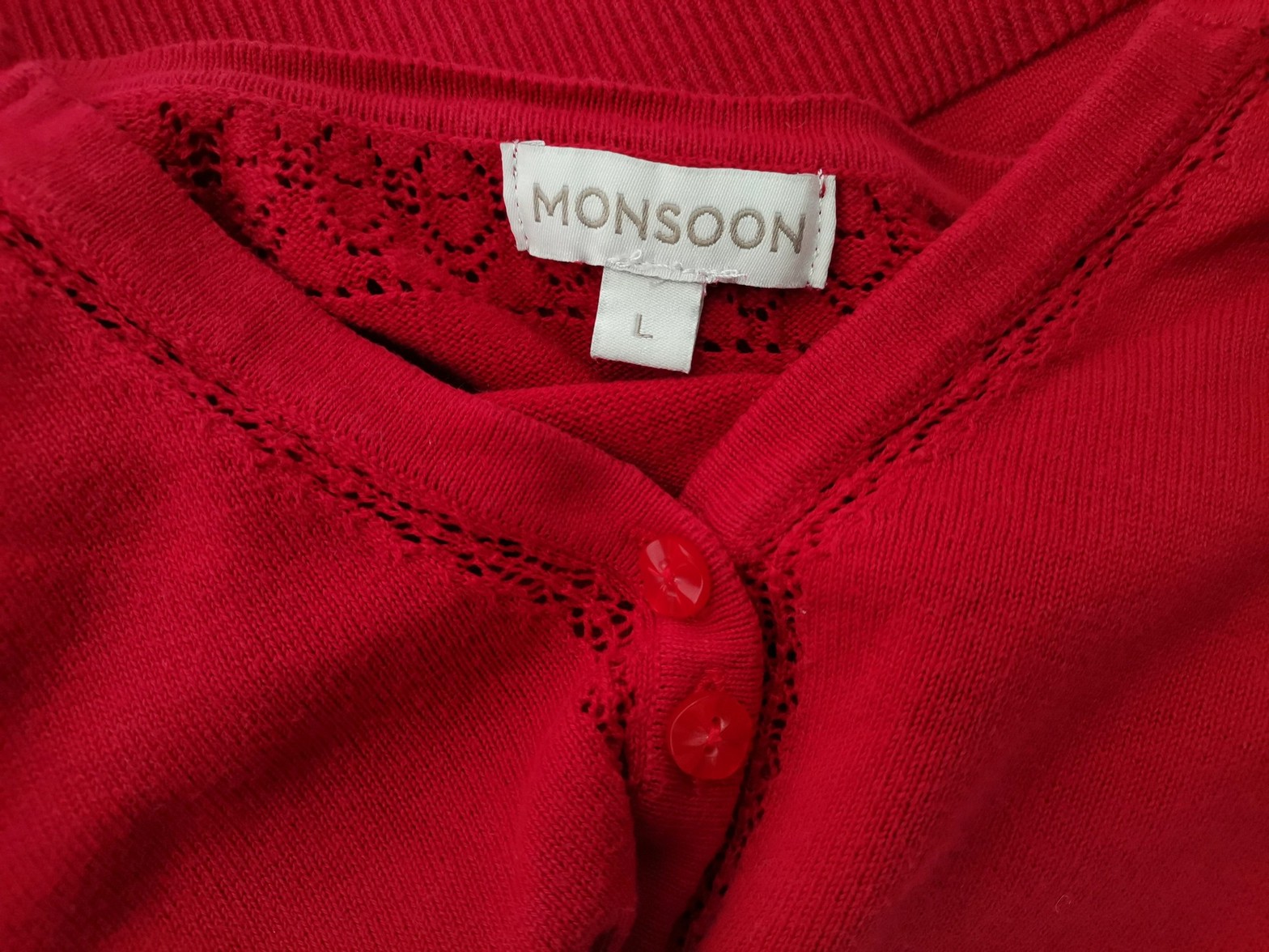 Monsoon Rozmiar L Kolor Czerwony Split Crew Neck Kardigan Zapinany Rękaw 3/4 Materiał Bawełna 100% Cienka dzianina