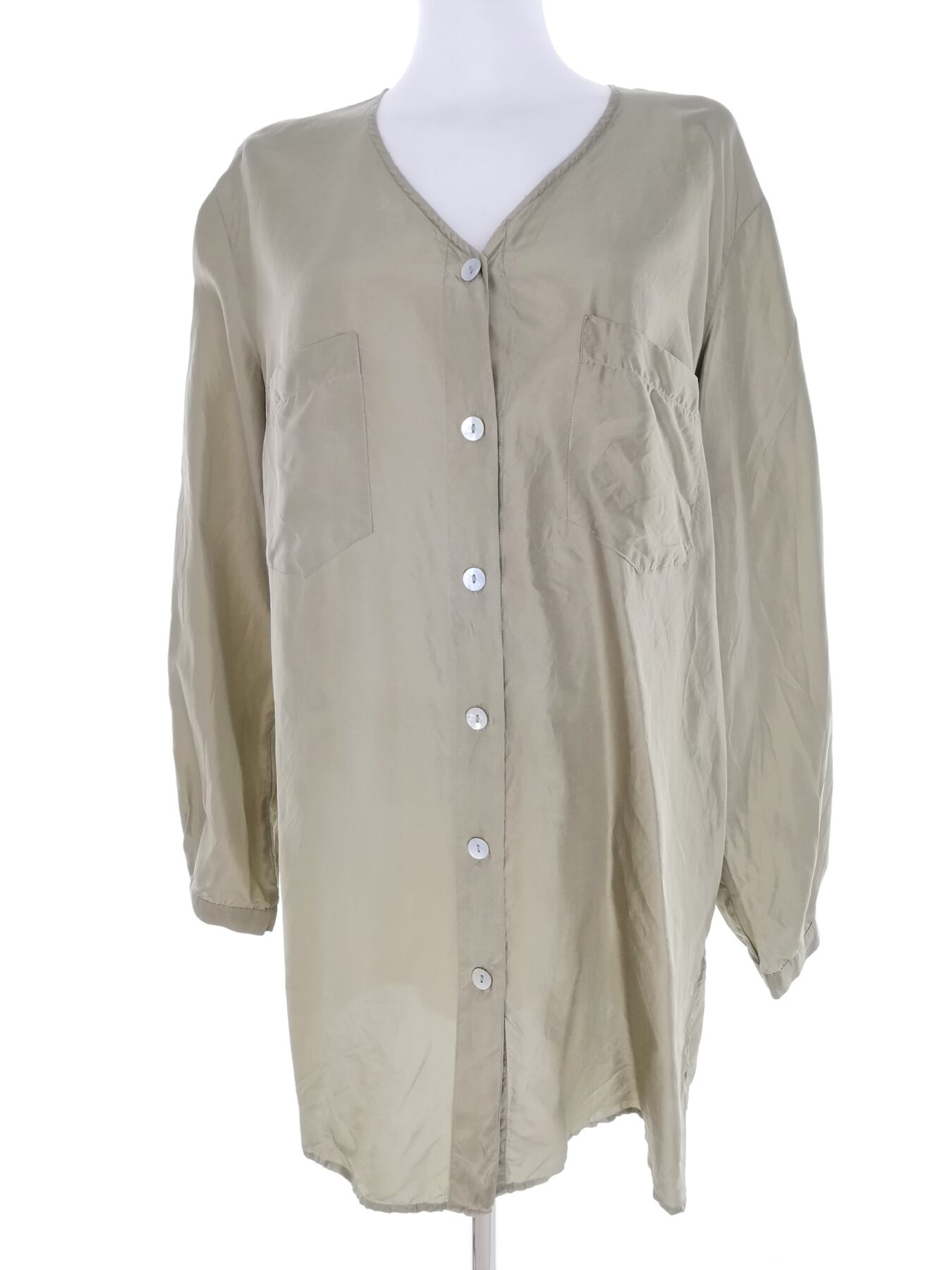 Vintage Rozmiar 50/52 Kolor Khaki W serek Tunika Zapinana Bluzka Długi rękaw