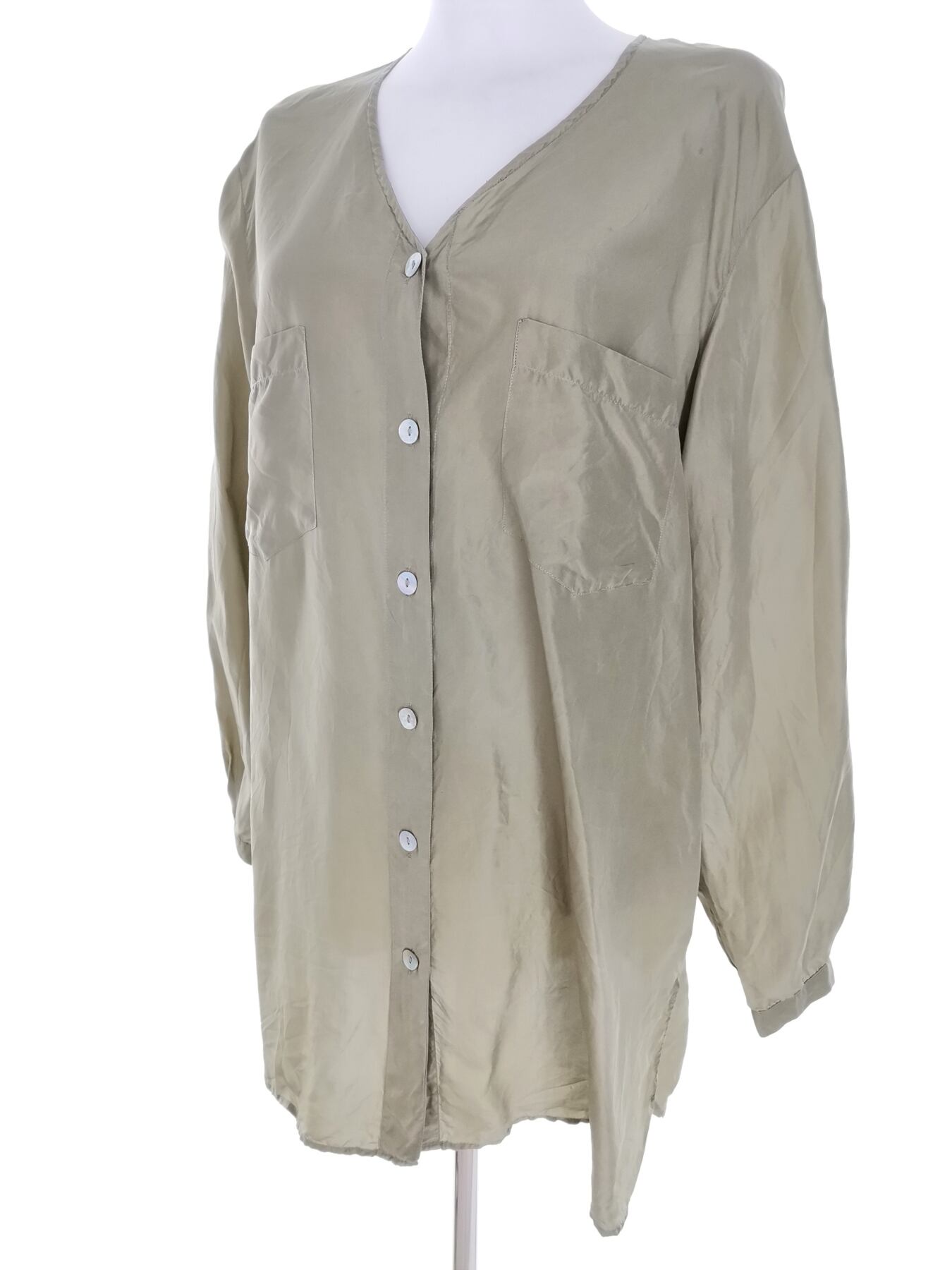 Vintage Rozmiar 50/52 Kolor Khaki W serek Tunika Zapinana Bluzka Długi rękaw